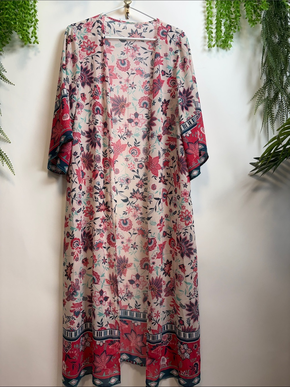 SHEIN Pink Floral Maxi Kimono with Red Border Accents